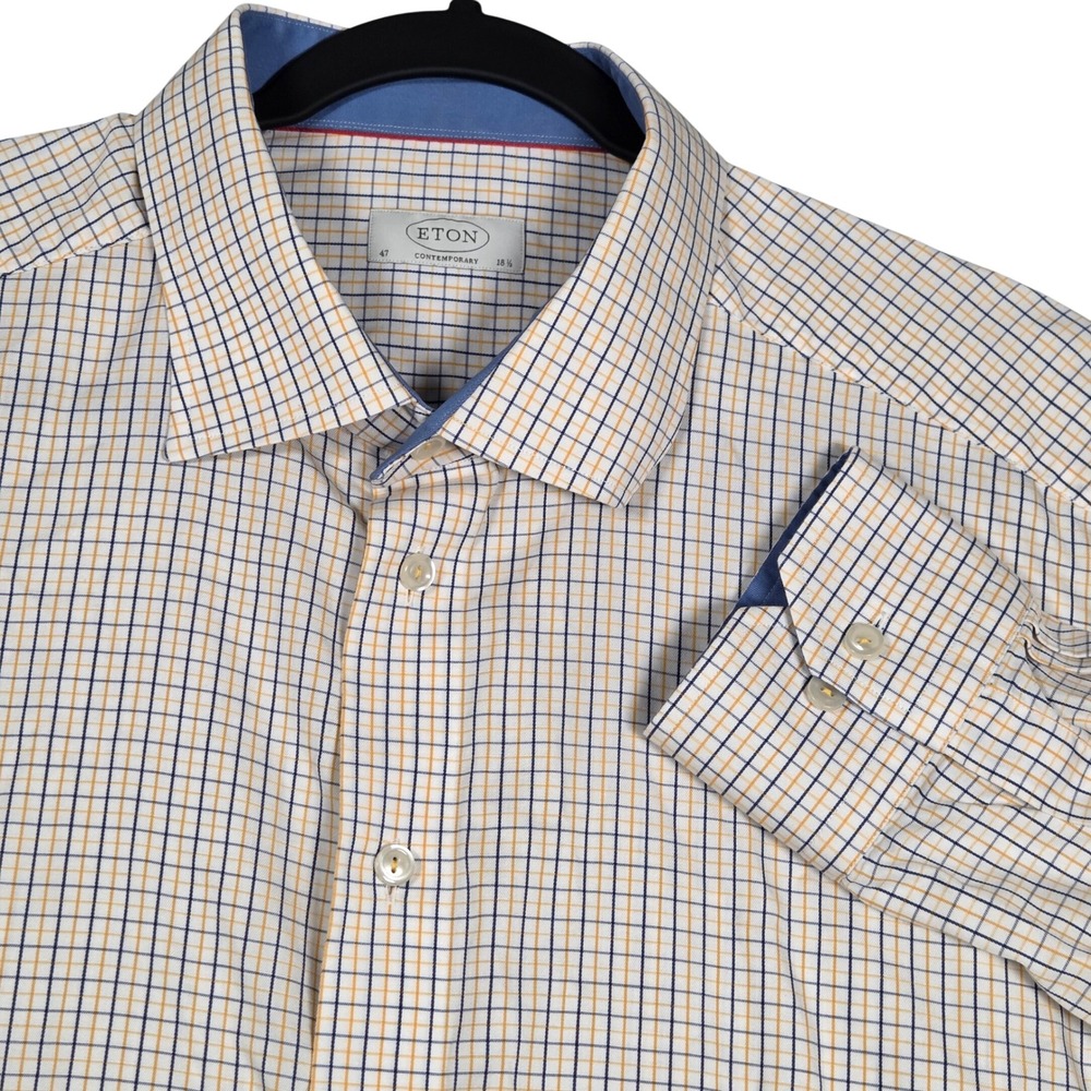 Eton Mens 18.5 Contemporary Fit Button Dress Shirt Tattersall Check Navy Yellow